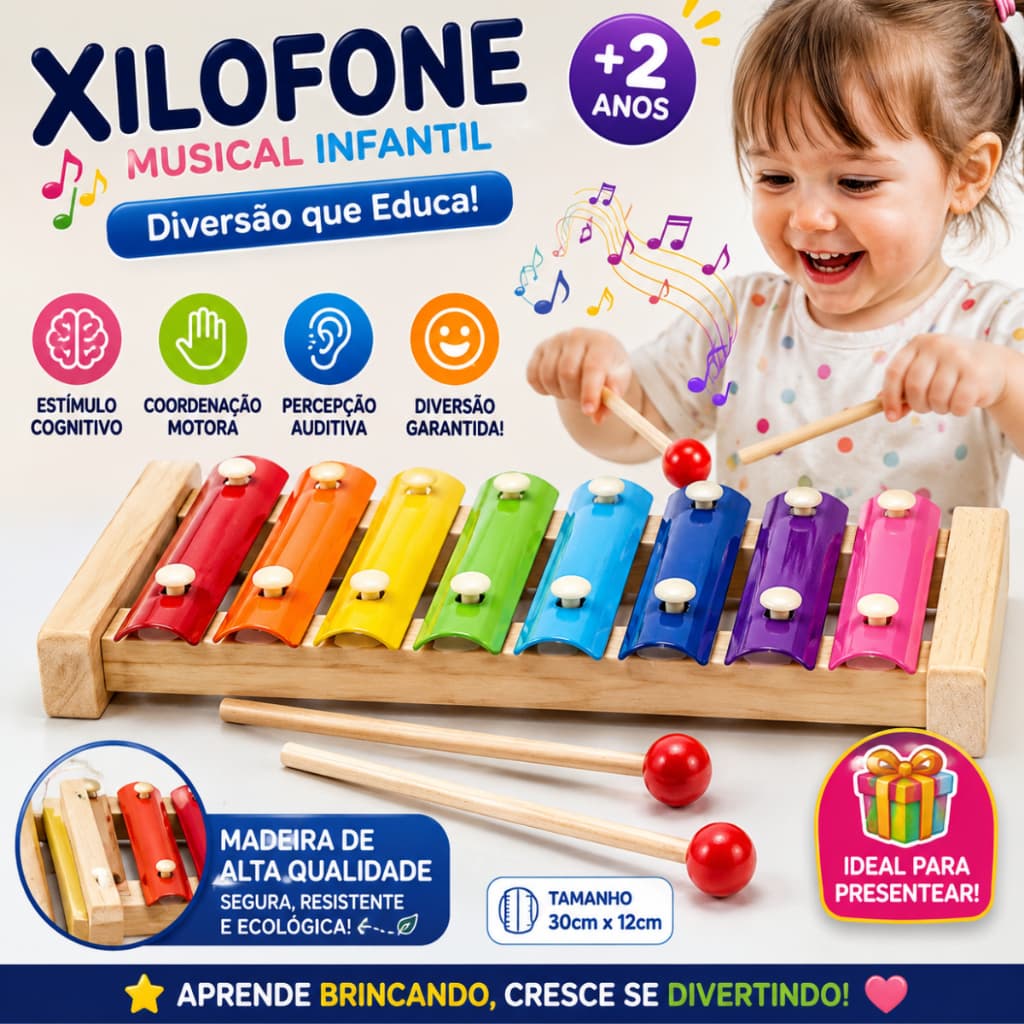 Xilofone Infantil de Madeira Montessori Brinquedo Musical Educativo Coordenação Motora 8 Notas
