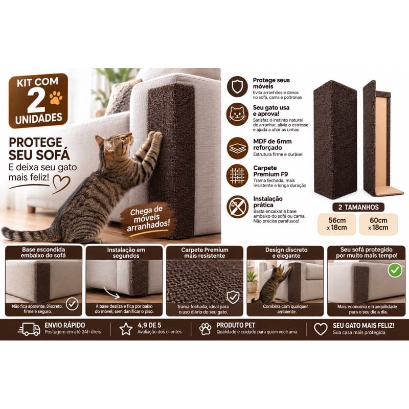 Kit 2 Arranhadores para Gatos Protetor de Sofá MDF Premium 60x18cm Antiderrapante Alta Resistência