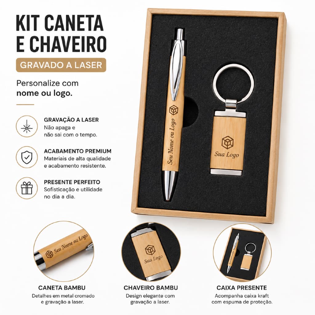 Kit Caneta e Chaveiro Bambu Personalizado com Logo ou Nome | Gravação a Laser | Brinde Corporativo