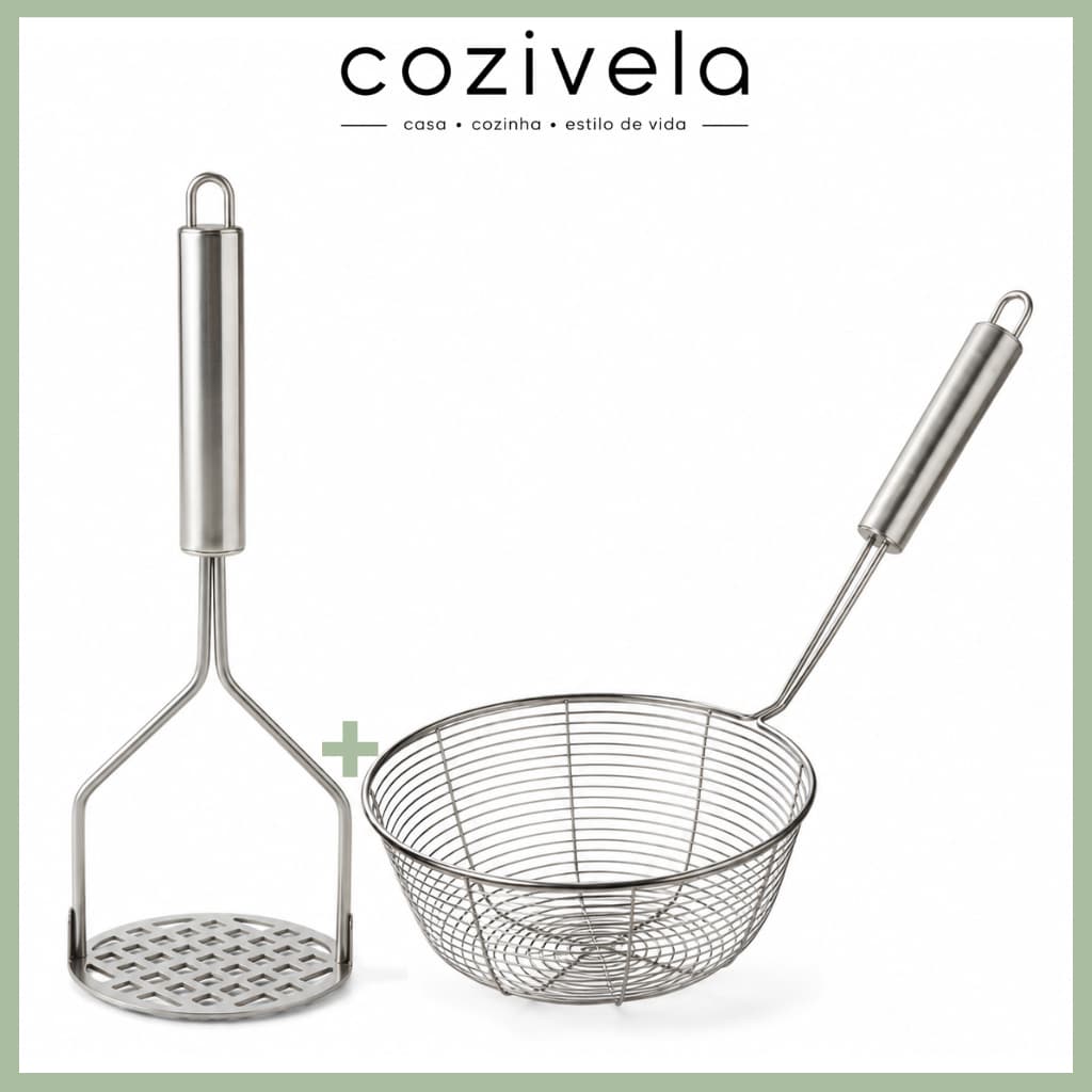 Kit Cozinha 2 em 1 Inox Amassador de Batata Peneira Escorredora 14cm para Purês Frituras Legumes
