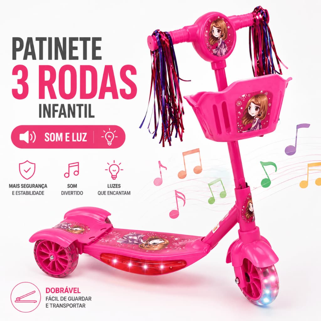 Patinete Infantil 3 Rodas Dobrável com Som e Luz Rosa Cestinha Rodas LED