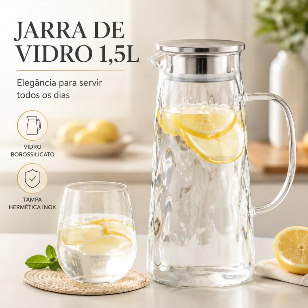 Jarra de Vidro Borossilicato 1,5L com Tampa Hermética Inox para Água Suco Chá