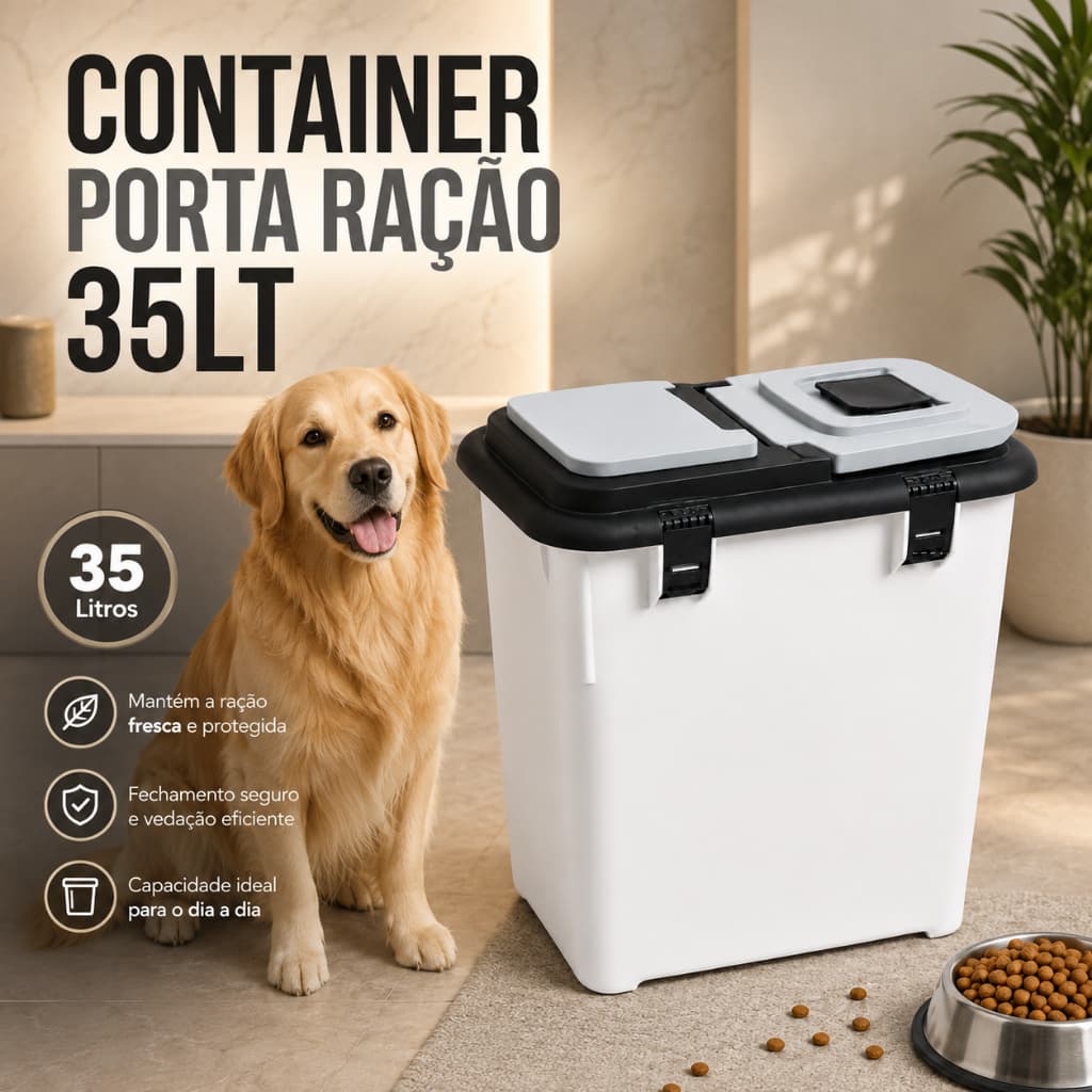 Container Porta Ração Branco Resistente 15KG  Dispenser Grande - 35 Litros
