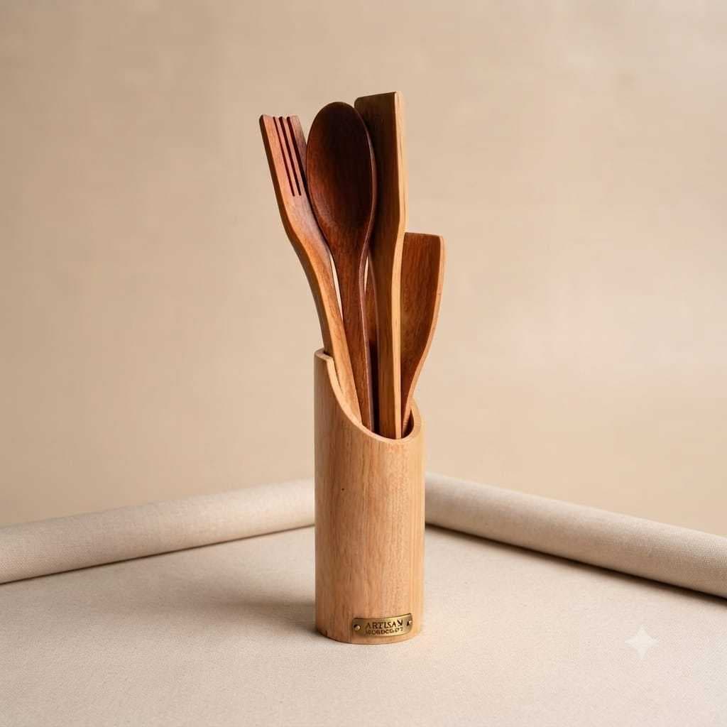 ​Kit Utensílios de Cozinha em Madeira 5 Peças Premium – Antiaderente, Ecológico e Elegante Bambu