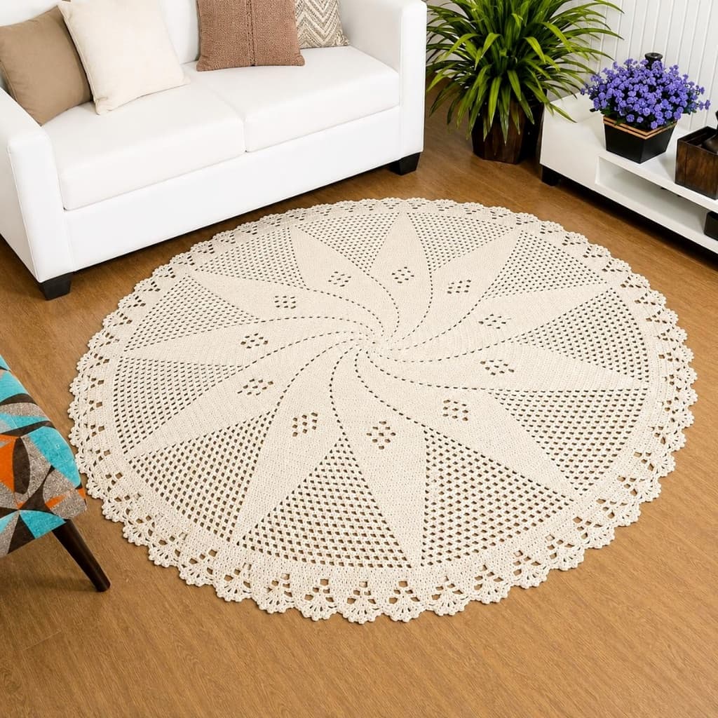 Tapete De Crochê Redondo 120cm x 120cm Bordado Flor Artesanal Para Sala Quarto