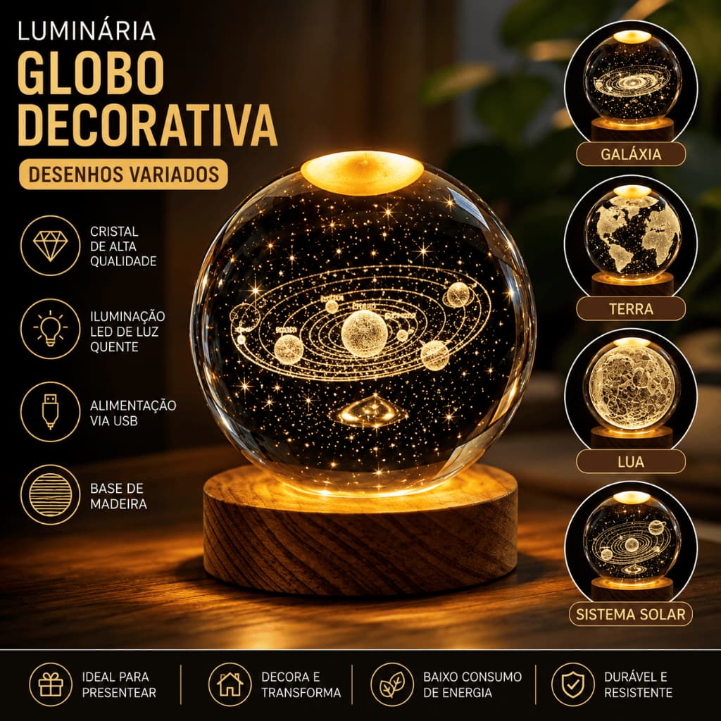 Luminária Decorativa Globo 3D Cristal LED USB Base Madeira Sistema Solar Lua Galáxia Presente Quarto
