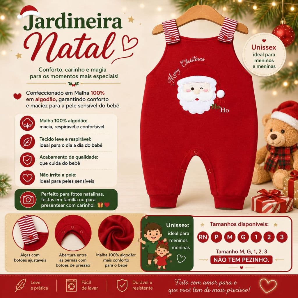 Conjunto de Natal para Bebê 2 Peças Menino Menina Macacão Jardineira Bordado Papai Noel