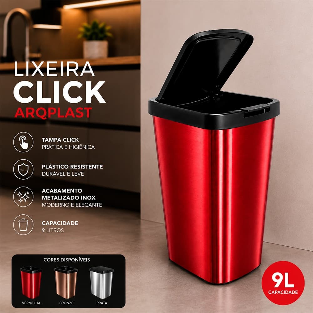 Lixeira Click Arqplast 9L Lixo de Cozinha Escritório Plástica Metalizado Inox Tampa Basculante Vermelha Bronze Prata