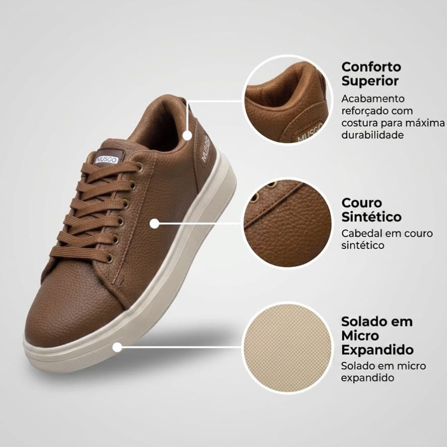 SAPATENIS MASCULINO EM COURO SINTÉTICO MODELO ELEGANTE CASUAL LEVE E CONFORTÁVEL