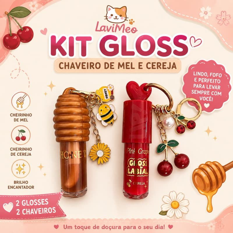Kit 2 Gloss Labial Chaveiro Mel e Cereja | Gloss Hidratante com Chaveiros Premium
