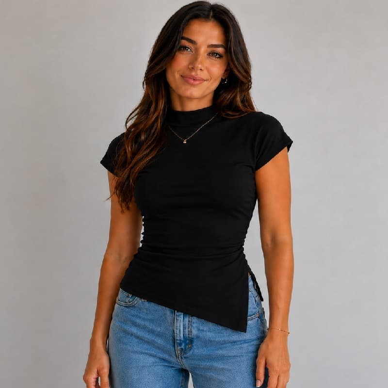 Blusa Feminina Canelada Ribana Assimétrica Tendência