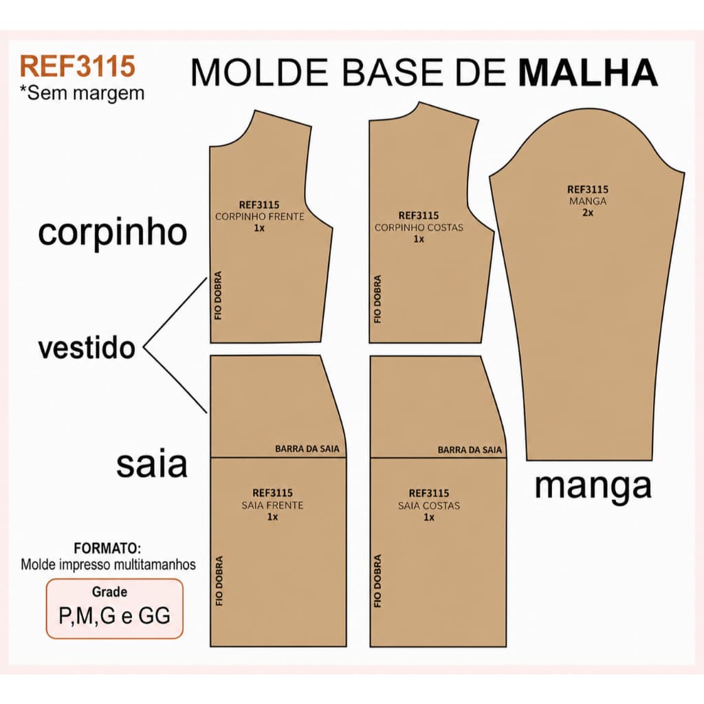 REF3115 Molde Base de Malha Feminino Adulto Impresso Multitamanhos P ao GG Corpinho Saia Manga