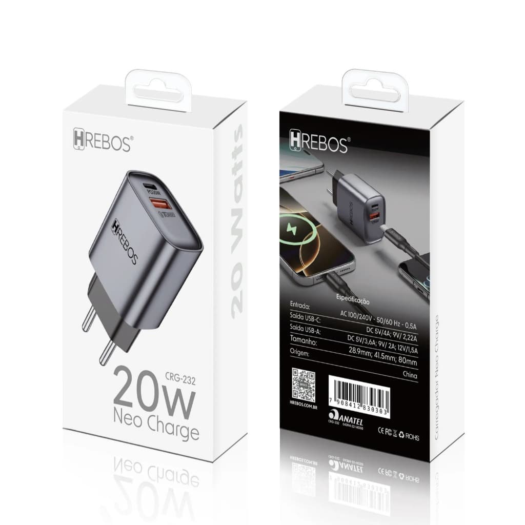 Fonte Carregador 20W Hrebos Crg-232 Rápido Usb-C + USB Carga Rápida