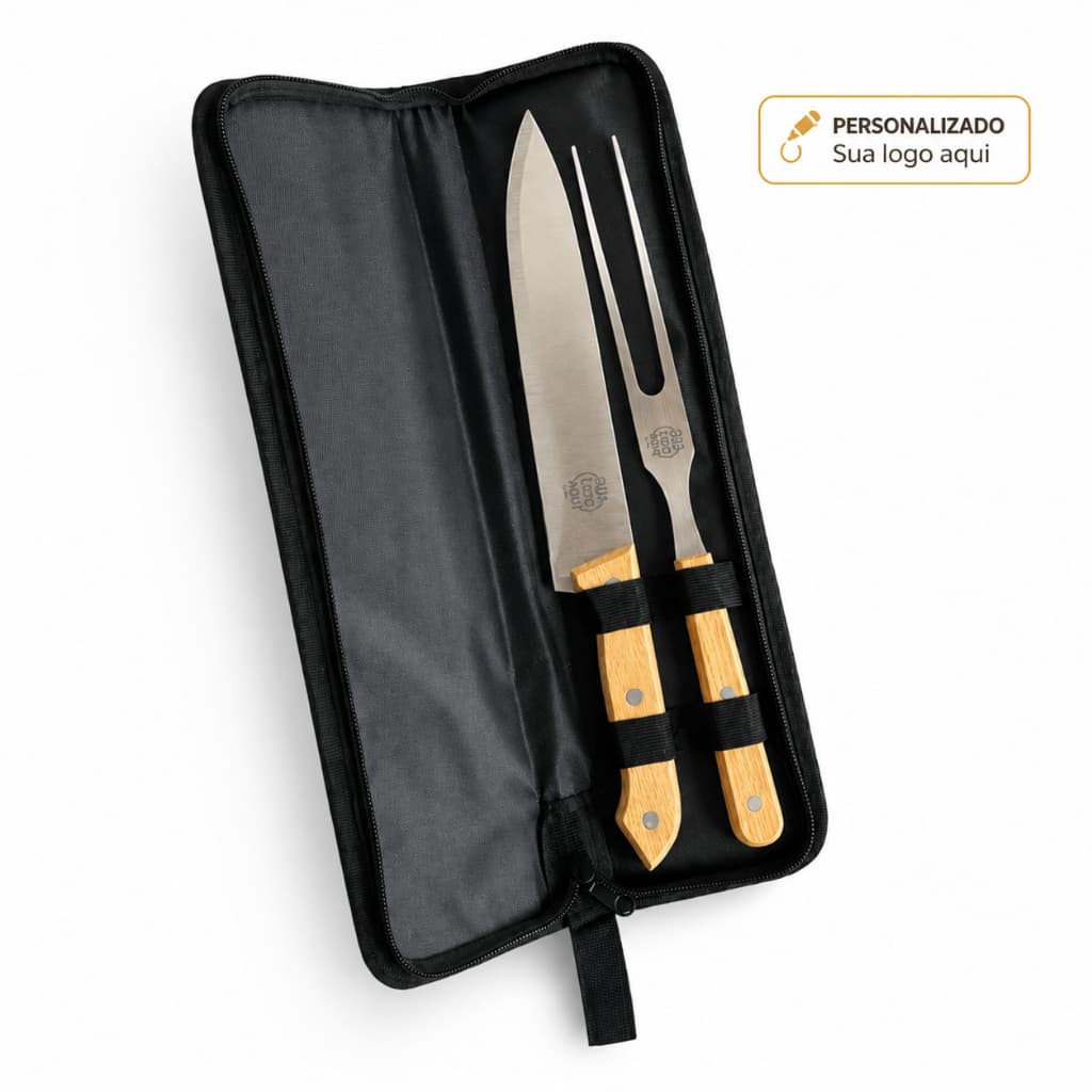 Kit Churrasco Personalizado Estojo 2 Peças Cozinha Faca Garfo Nome Time Logo Empresa