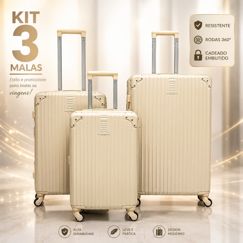 Conjunto de 3 Malas Viagem Expansível ABS Rodinhas 360º PMG Bordo Grande
