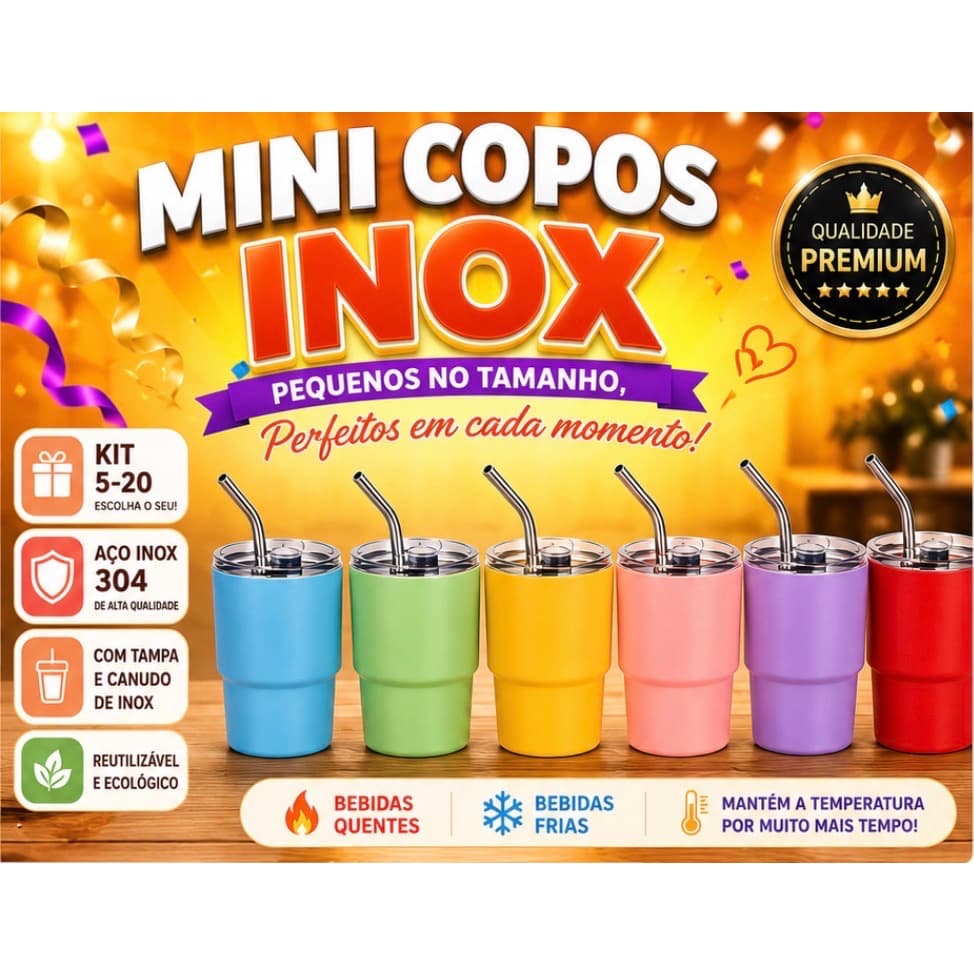 Kit Mini Copos Inox 304 com Tampa e Canudo Térmico Reutilizável Café Drink Whisky 5 10 15 20 Peças