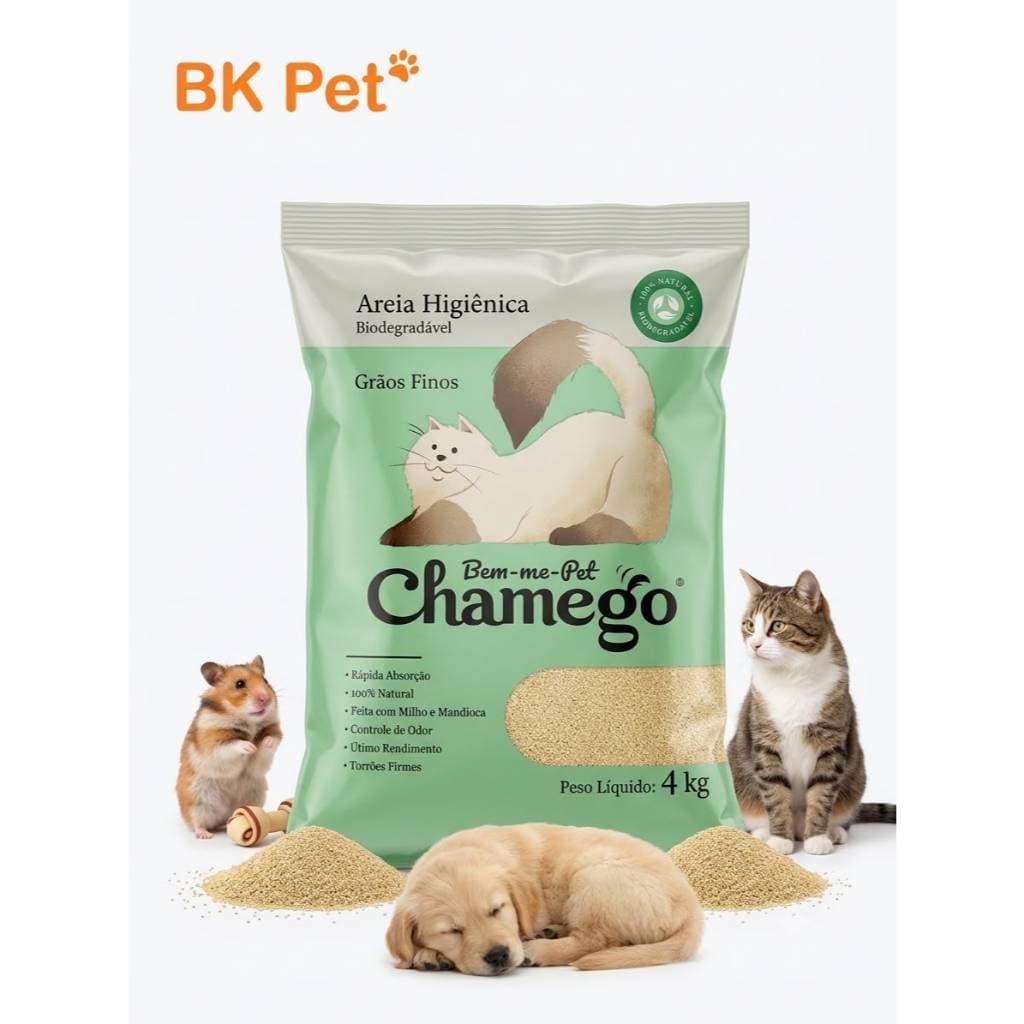 Areia Higiênica Biodegradável para Gatos Chamego 4kg Grãos Finos 100% Natural Controle de Odor
