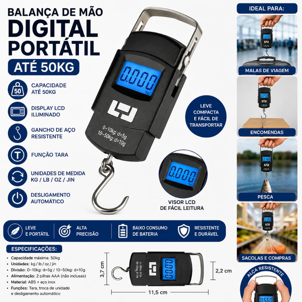 Balança de Mão Digital Portátil Até 50kg LCD para Mala Bagagem Pesca Encomendas Gancho de Aço