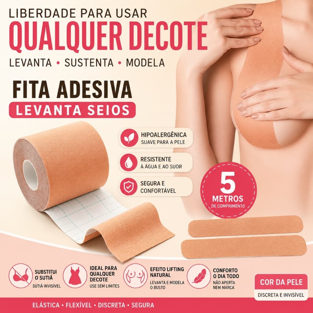 Fita Adesiva Levanta Seios Boob Tape Hipoalergênica 5m Sutiã Invisível Resistente ao Suor
