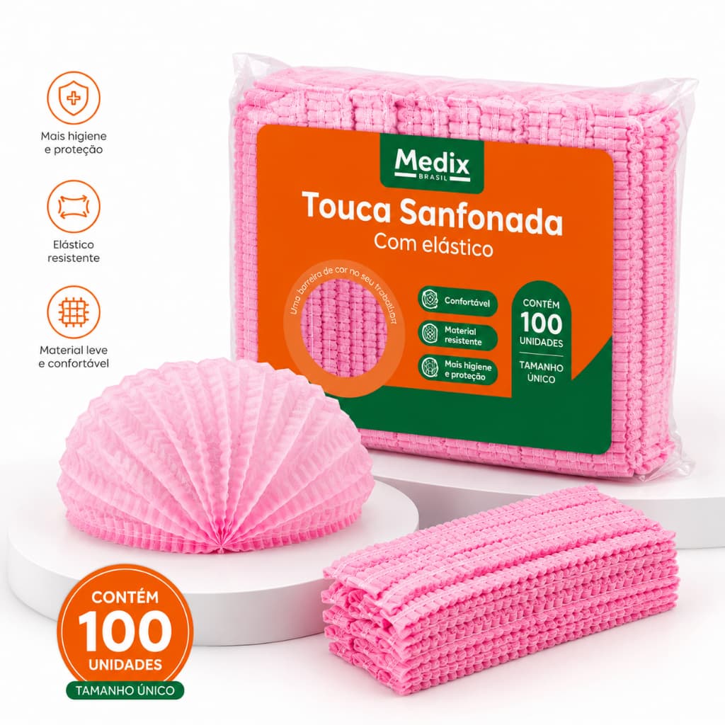 Touca Sanfonada Descartável Rosa com Elástico Medix 100 Unidades TNT para Estética, Clínica, Hospital e Salão
