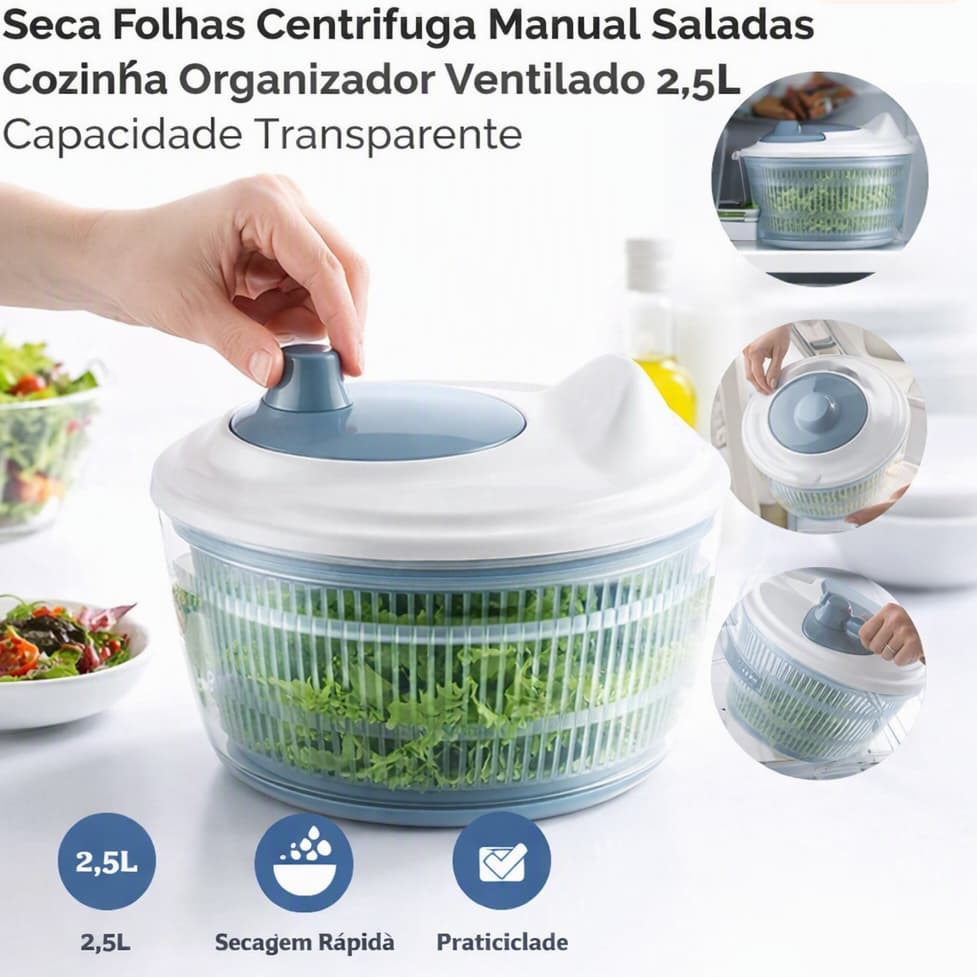 ✨Seca Folhas Centrífuga Manual Saladas Cozinha Organizador Ventilado 2,5L Capacidade Transparente