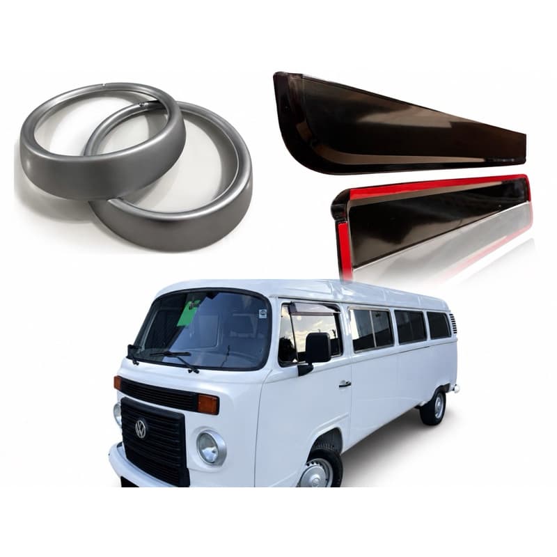 kit 1 par da calha adesiva fume  + 1 par aro moldura do farol 1 furo prata kombi 2000 até 2022