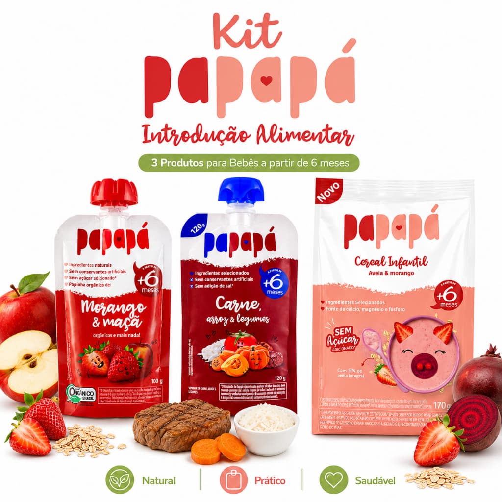 Kit Papapá Introdução Alimentar Papinha Morango e Maçã Papinha Carne e Cereal Aveia com Morango