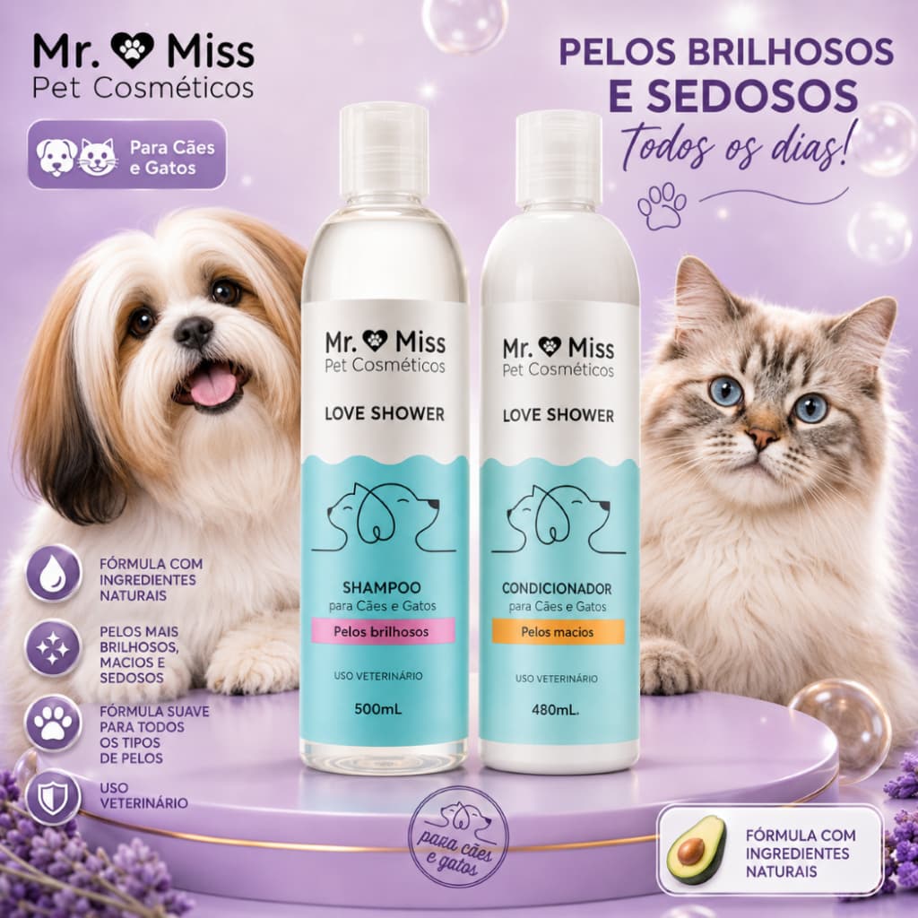 Shampoo 500ml + Condicionador Desembaraçador 480ml MR & MISS PET para Cães e Gatos