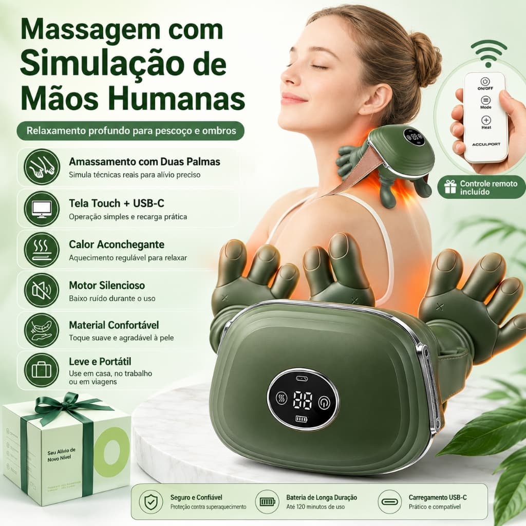 Massageador de Pescoço com3Velocidades de Massagem, Aquecimento em2Níveis 4000mAh Controle remoto