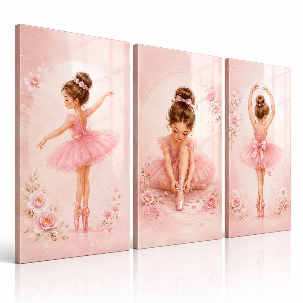 Kit 3 Quadros Bailarina Infantil Rosa para Quarto de Menina Decoração Delicada em MDF Premium