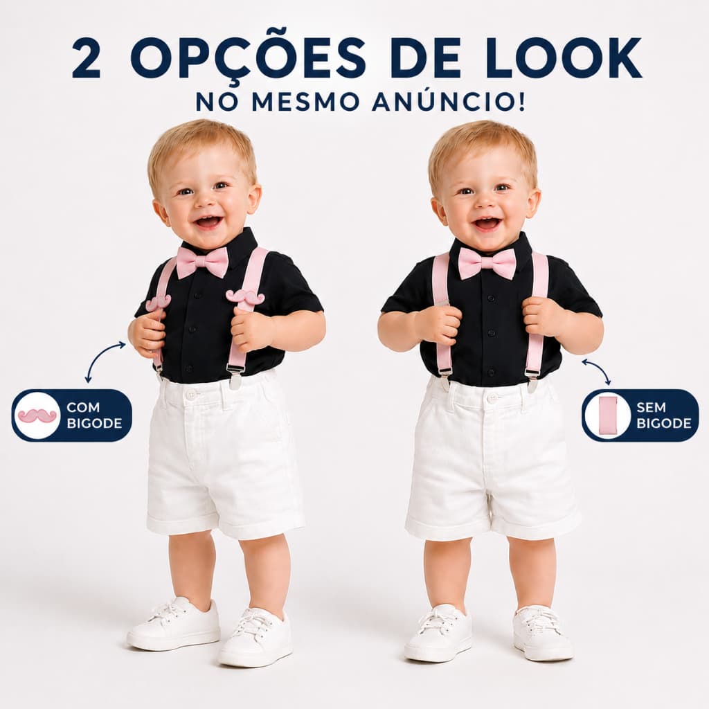 Conjunto Menino Mundo Bita Camisa + Bermuda + Suspensorio + gravata