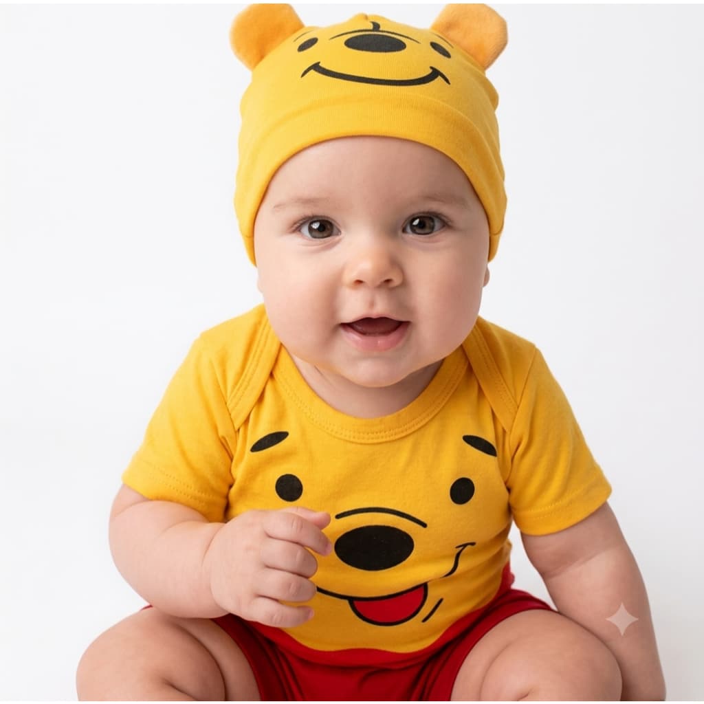 Body Bebe Temático Mêsversario Do Ursinho Pooh Com a Touca - Manga Curta 100% Algodão