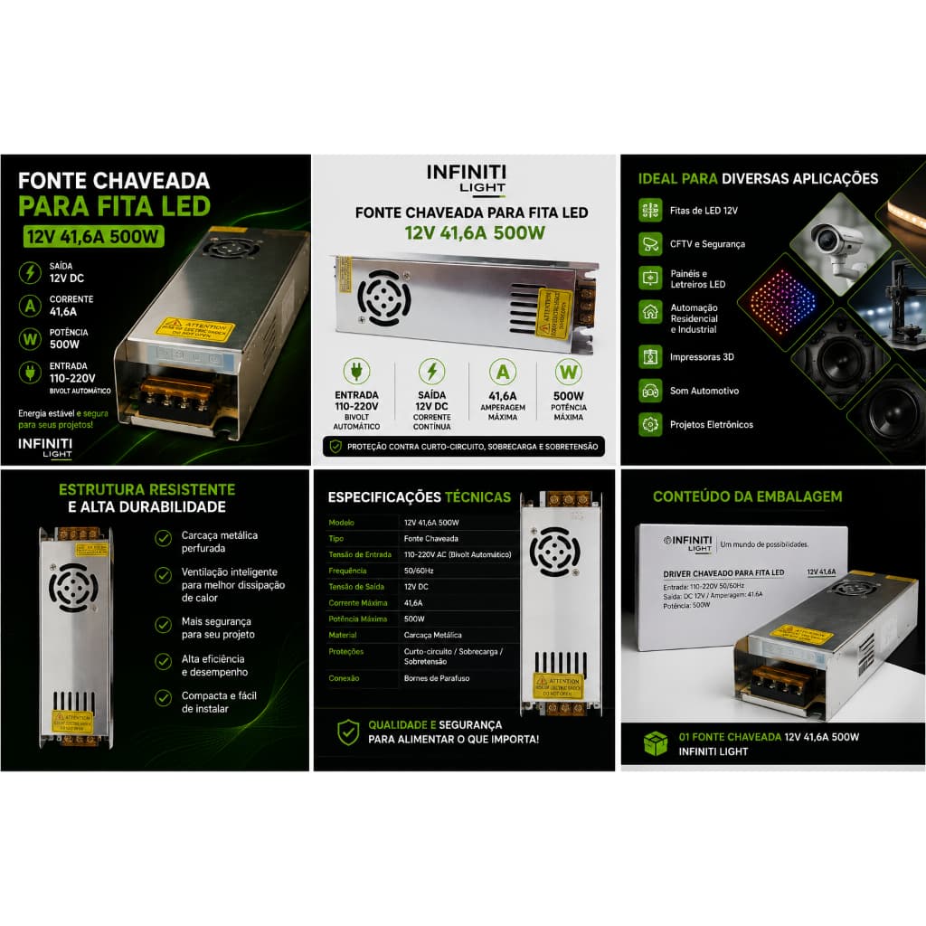 Fonte Chaveada 12V 41,6A 500W Bivolt Automática para Fita LED CFTV Painel LED Infinity Light