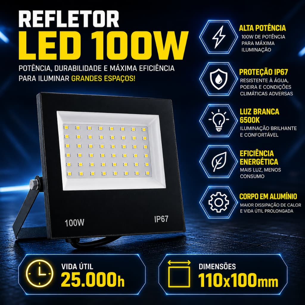 Refletor LED 100W IP67 10.000lm Econômico para Área Externa e Jardim