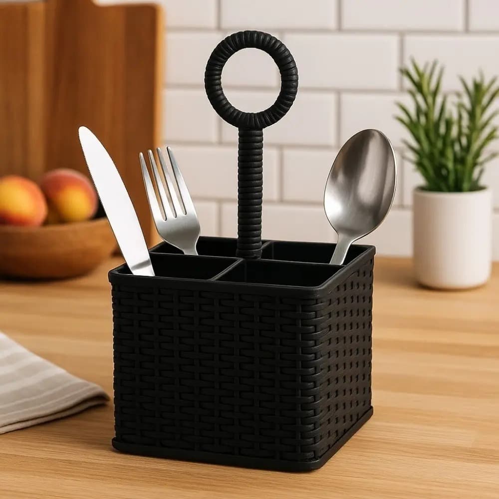Porta Talher de Mesa Organizador Rattan Branco ou Preto Porta Talheres de Plástico Escorredor de Talher