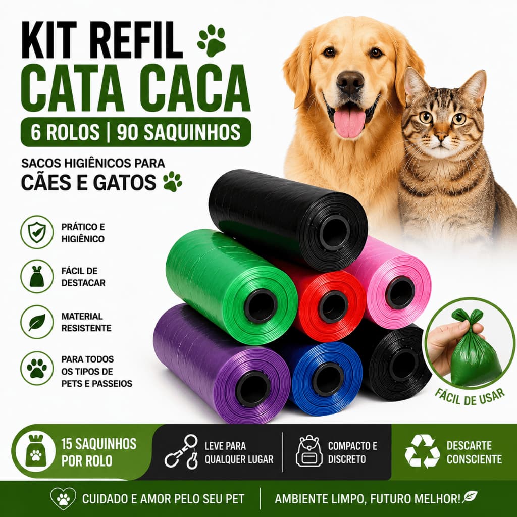 Refil Rolos Cata Caca Saquinhos de Lixo Pet Cães e Gatos