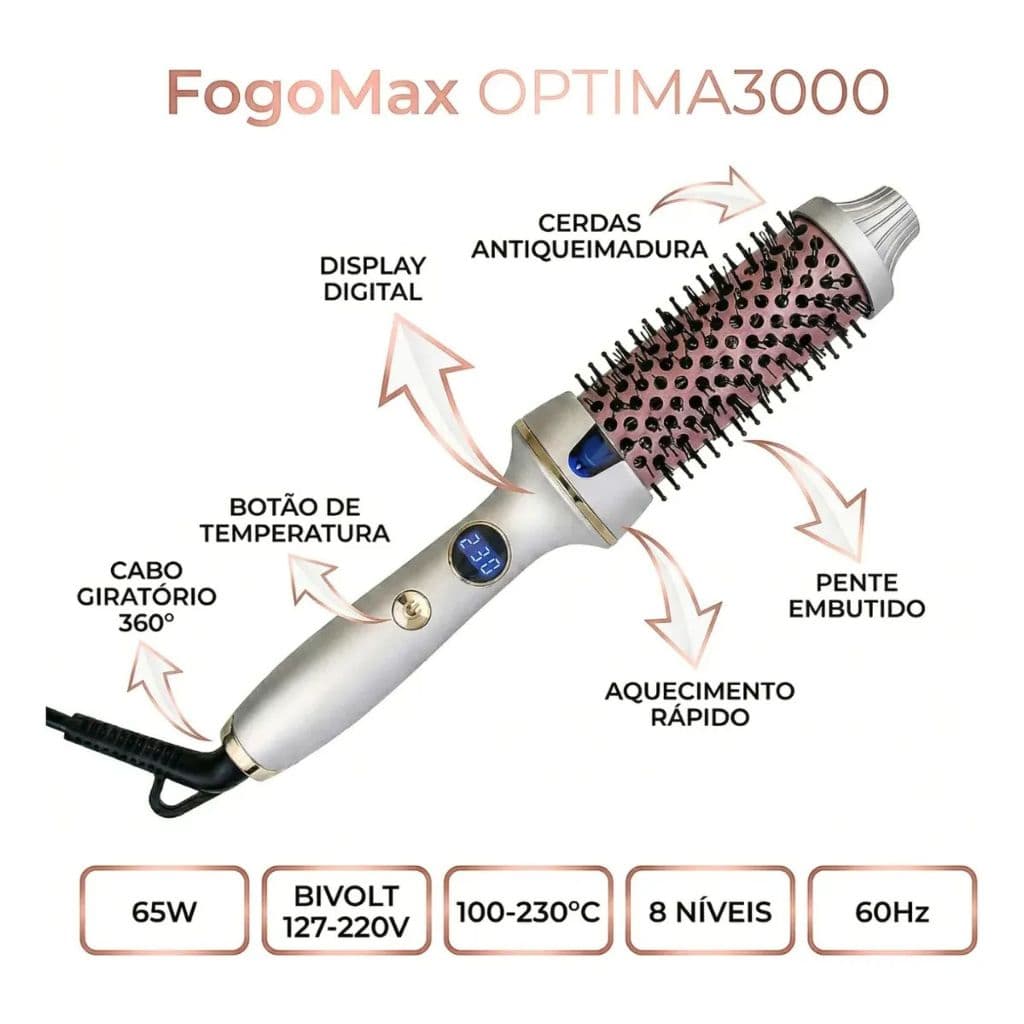 Modelador de cabelo com Escova Secadora Alisadora Eletrica 3 Em 1 Bivolt Alisa Modela Com Led Anti Friz