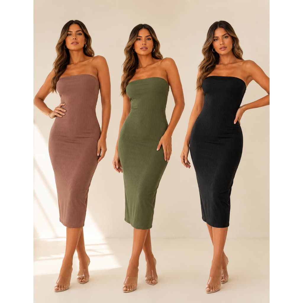 Vestido Feminino Midi Tomara que Caia Tubinho Modelador Canelado Premium Bojo Modelável