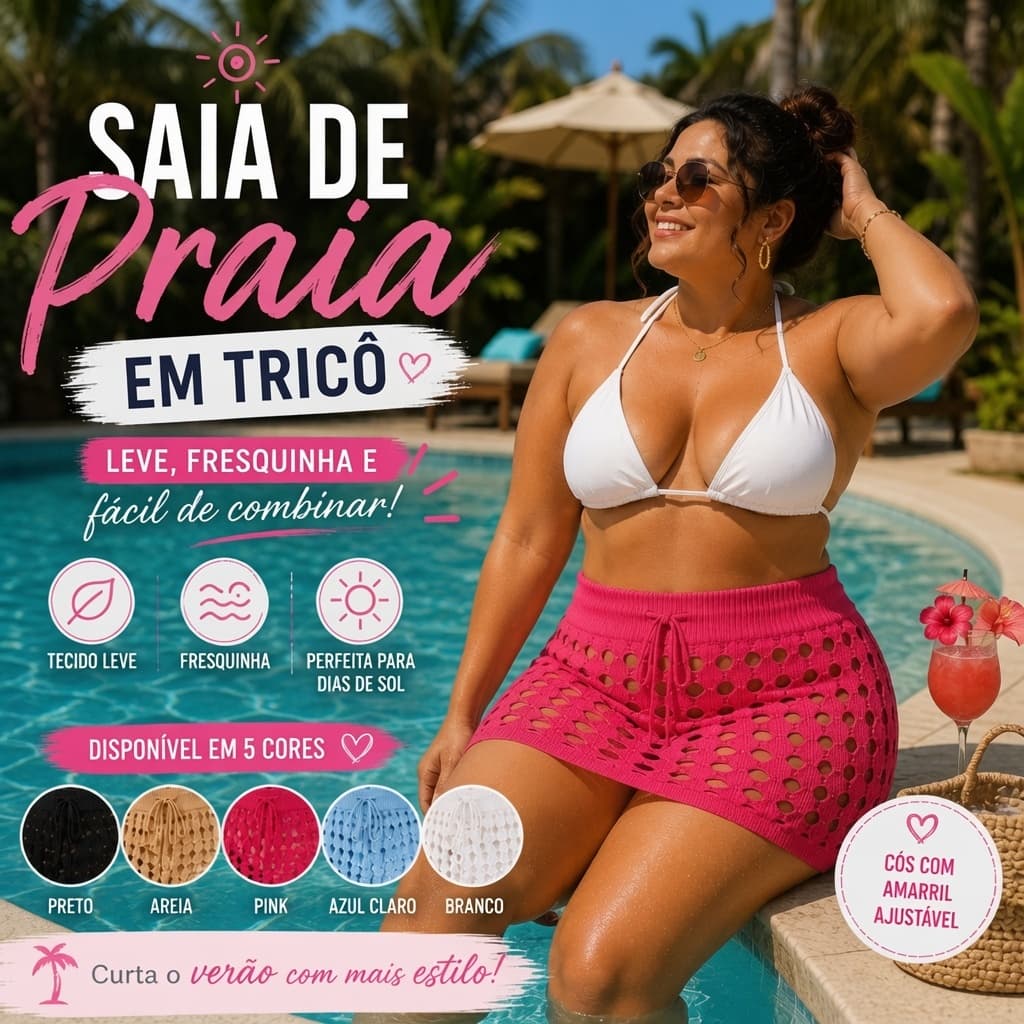 Saida de Praia Saia Plus Size Curta Tricot Vazado Trico Ajustavel Tamanho Grande e Pequeno 36 ao 50