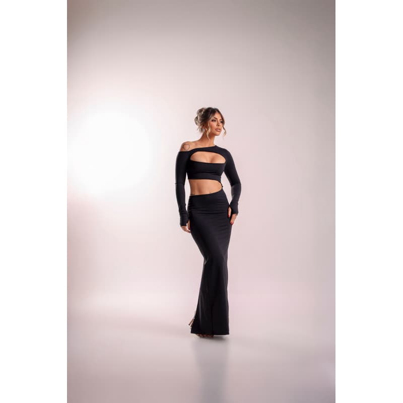 Vestido Longo Feminino Ombro a Ombro Recorte Vazado Duplo Manga Longa