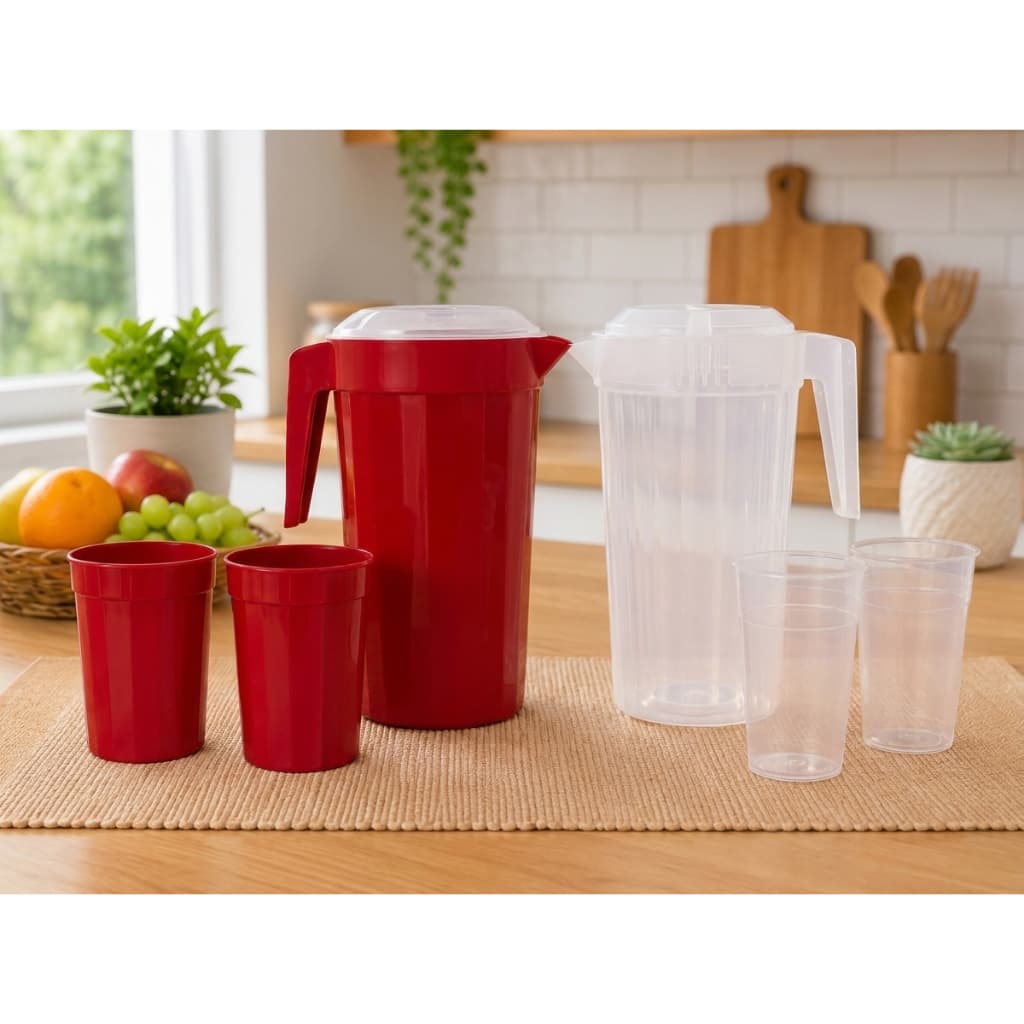 Kit Jarra de Suco Plástica 2,5L com 4 Copos Resistente Conjunto Completo Para Suco Refresco