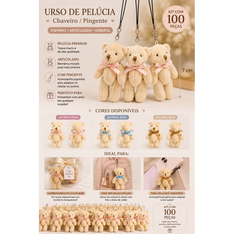 Kit Até 100 Ursos de Pelúcia Chaveiro 7cm Para Chá de bebê.