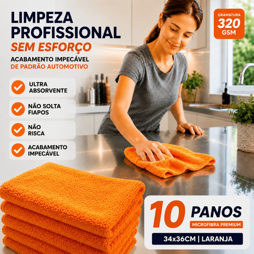 Kit 10 UND Pano de Limpeza Flanela Diario MIcrofibra Premium 320 gsm 36x34 cm