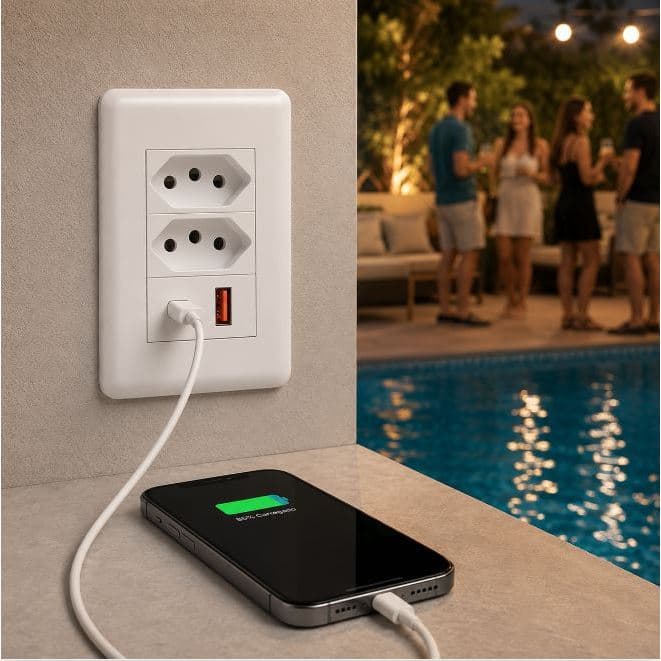 Tomada Dupla 10A com USB e Tipo C Bivolt Carregador de Parede 2 em 1 Carregamento Rápido Sem Adaptador