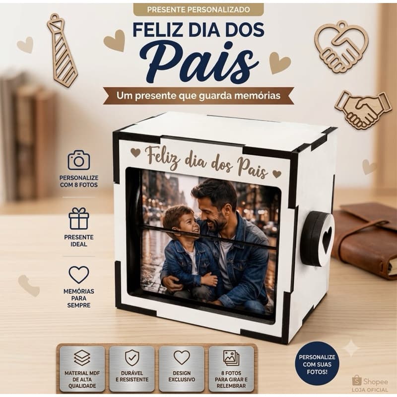 Cubo Giratório Porta Retrato MDF Personalizado 8 Fotos Dia Dos Pais