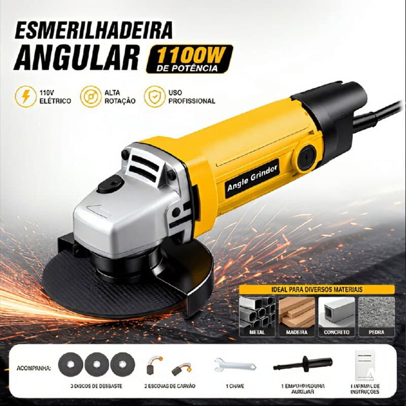 Esmerilhadeira Angular Profissional 110V/220V Bivolt Lixamento 115mm com 3 Discos de Corte Acessórios
