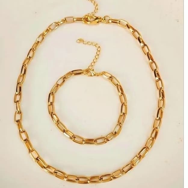 Conjunto Colar e Pulseira Elos Aço com Banho Duplo Verniz Italiano