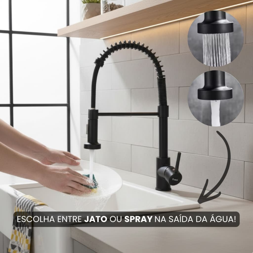 Torneira Bancada Gourmet  Flexível Chuveirinho Mola Pia Cozinha Fogão Industrial Preto Elegante 360°