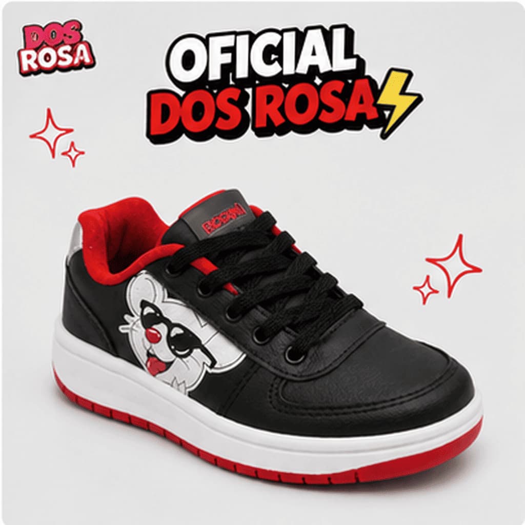 Tênis Dos Rosa Infantil Preto e Vermelho Robson com Cadarço Estampado Estilo Jovem Casual