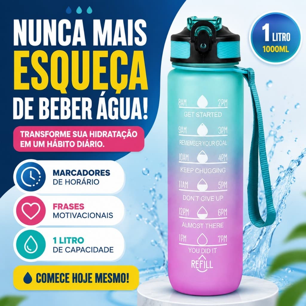 Garrafa Motivacional 1 Litro com Marcador de Horário BPA Free Tampa Trava Alça Academia Cores Sortidas